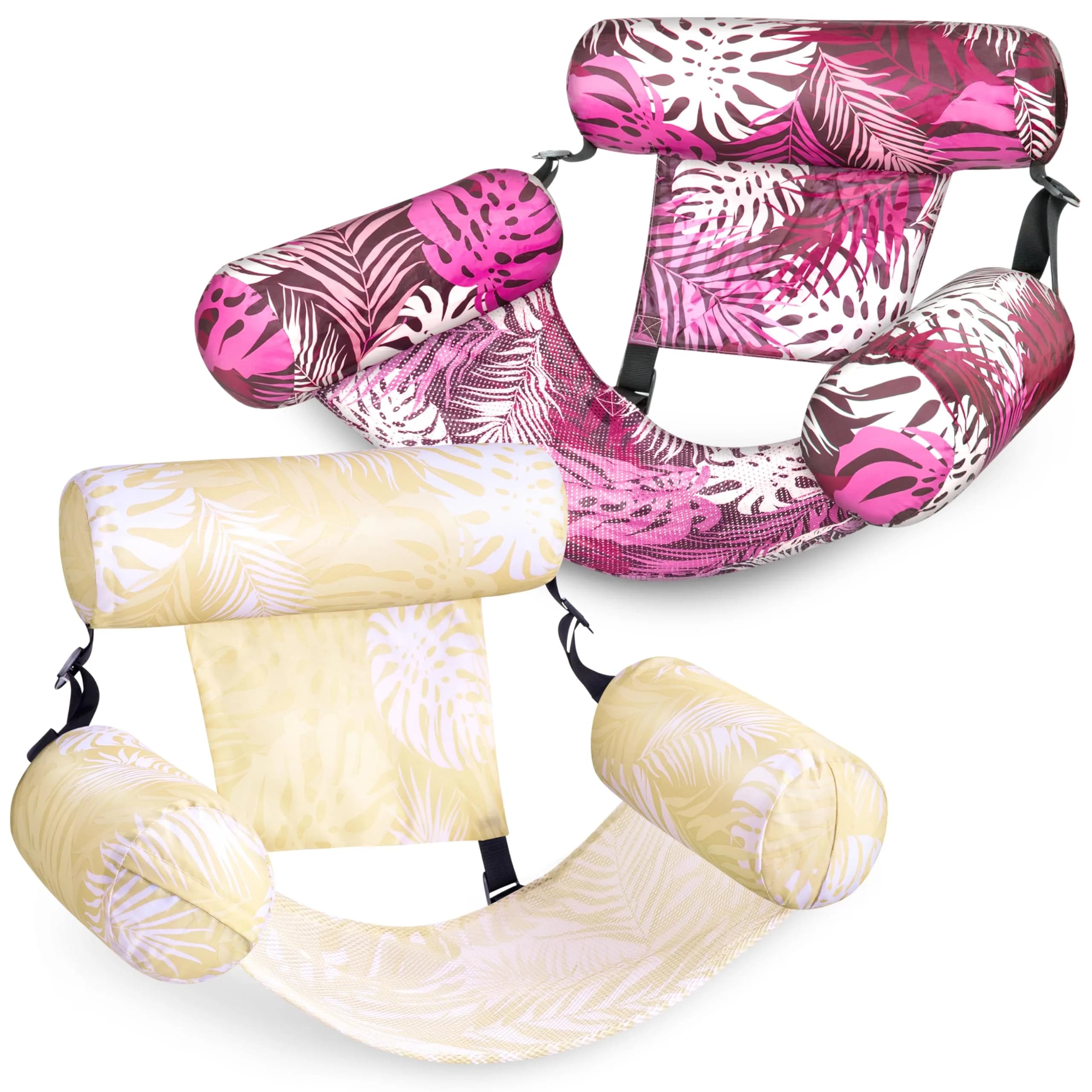 Sloosh Inflatable Pool Floats Lounge Chairs 2-Pack | Tropical Leaves-Champagne, Pink (2 Chairs)