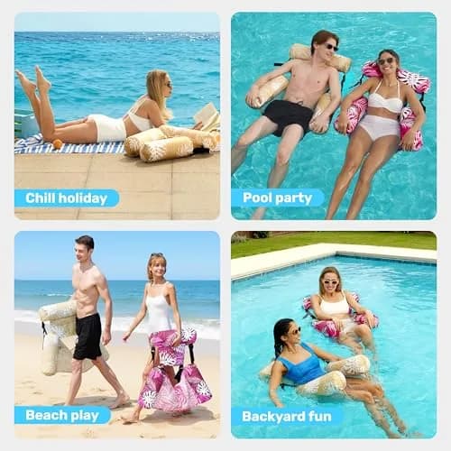 Sloosh Inflatable Pool Floats Lounge Chairs 2-Pack | Tropical Leaves-Champagne, Pink (2 Chairs) thumbnail 8