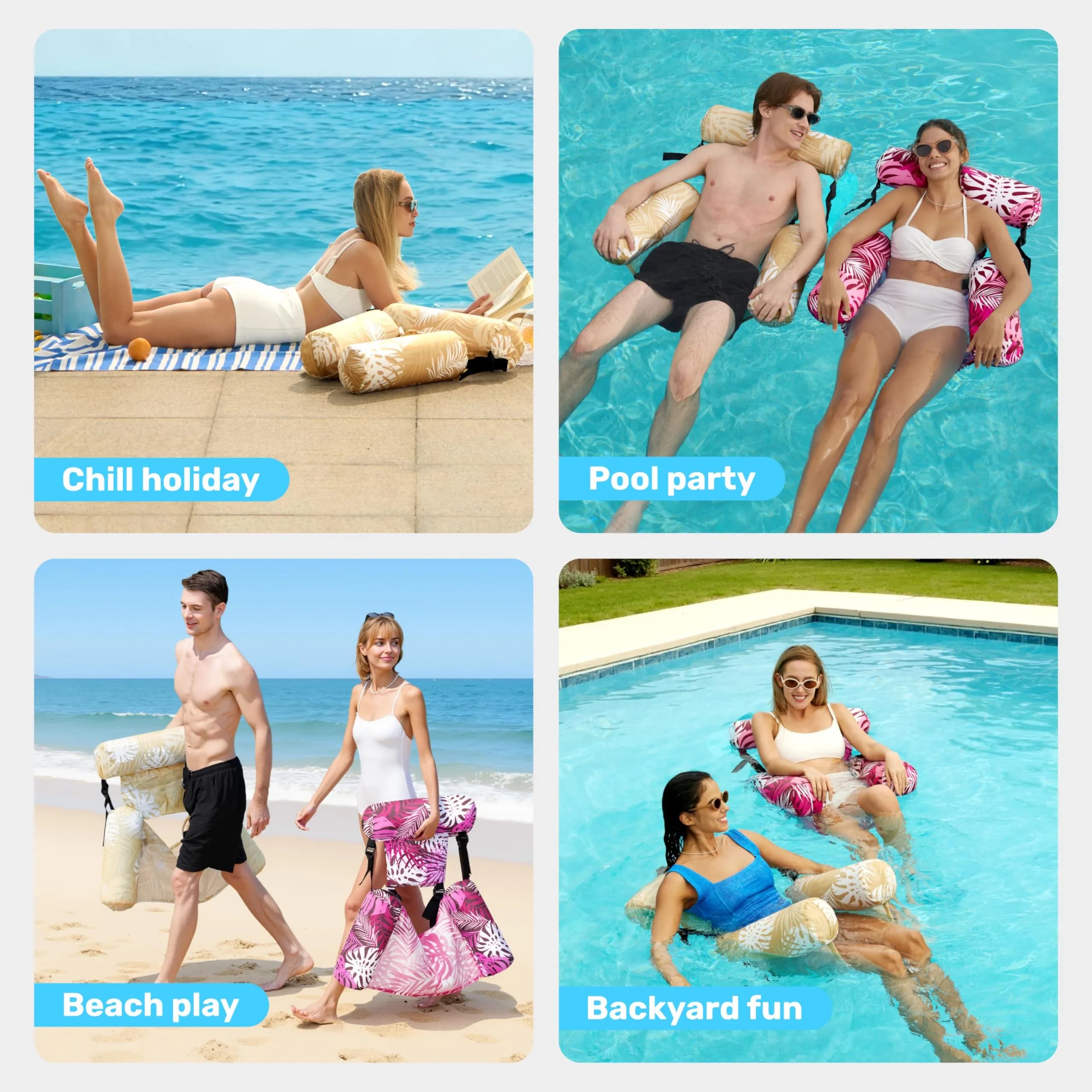 Sloosh Inflatable Pool Floats Lounge Chairs 2-Pack | Tropical Leaves-Champagne, Pink (2 Chairs) - view 8