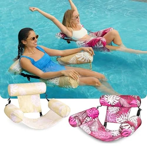 Sloosh Inflatable Pool Floats Lounge Chairs 2-Pack | Tropical Leaves-Champagne, Pink (2 Chairs) thumbnail 2