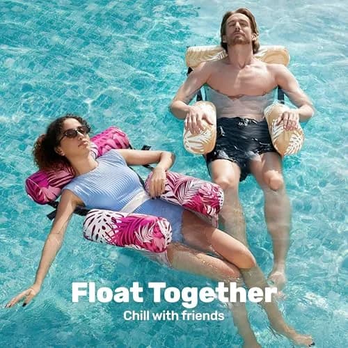 Sloosh Inflatable Pool Floats Lounge Chairs 2-Pack | Tropical Leaves-Champagne, Pink (2 Chairs) thumbnail 3