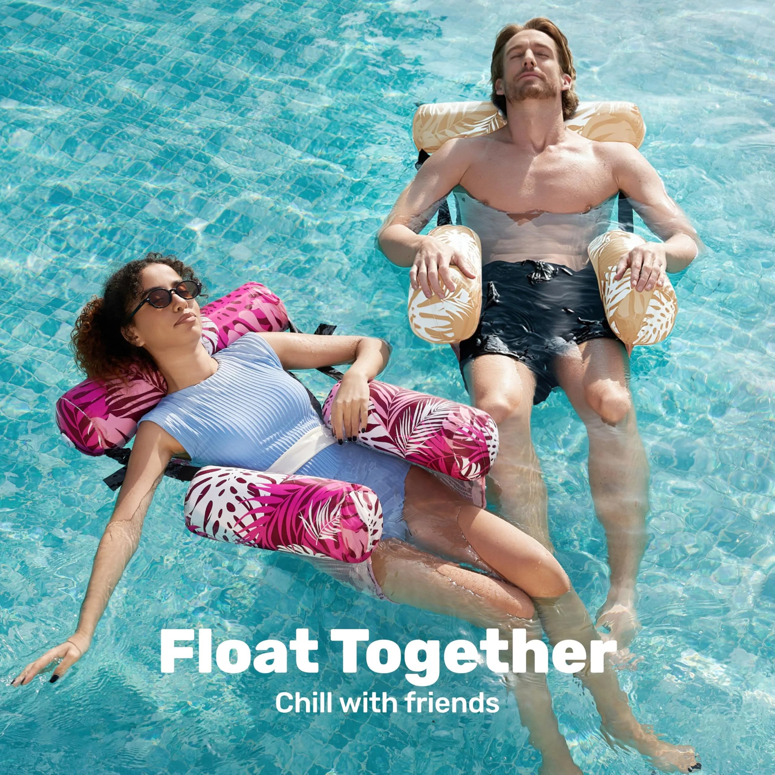 Sloosh Inflatable Pool Floats Lounge Chairs 2-Pack | Tropical Leaves-Champagne, Pink (2 Chairs) - view 3