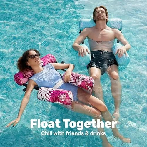 Sloosh Inflatable Pool Floats Adult Lounge Chairs 2-Pack | Tropical Leaves-Cyan, Pink (76c) thumbnail 3