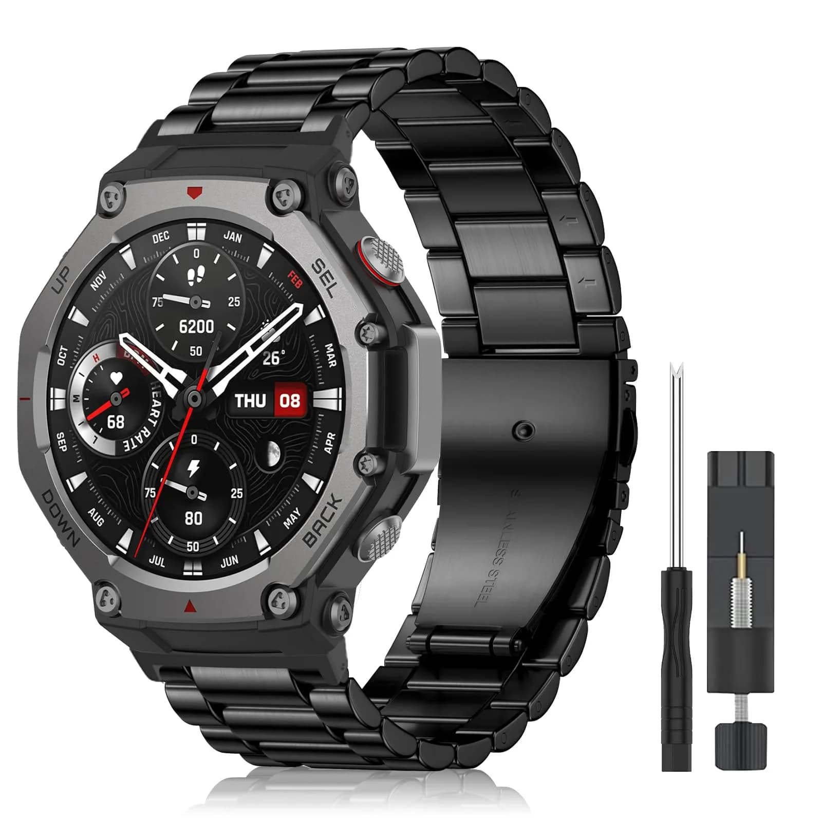 CeiLarv Metal Watch Band for Amazfit T-Rex 3 | Stainless Steel, Adjustable, Silver — Black / Amazfit T-Rex 3