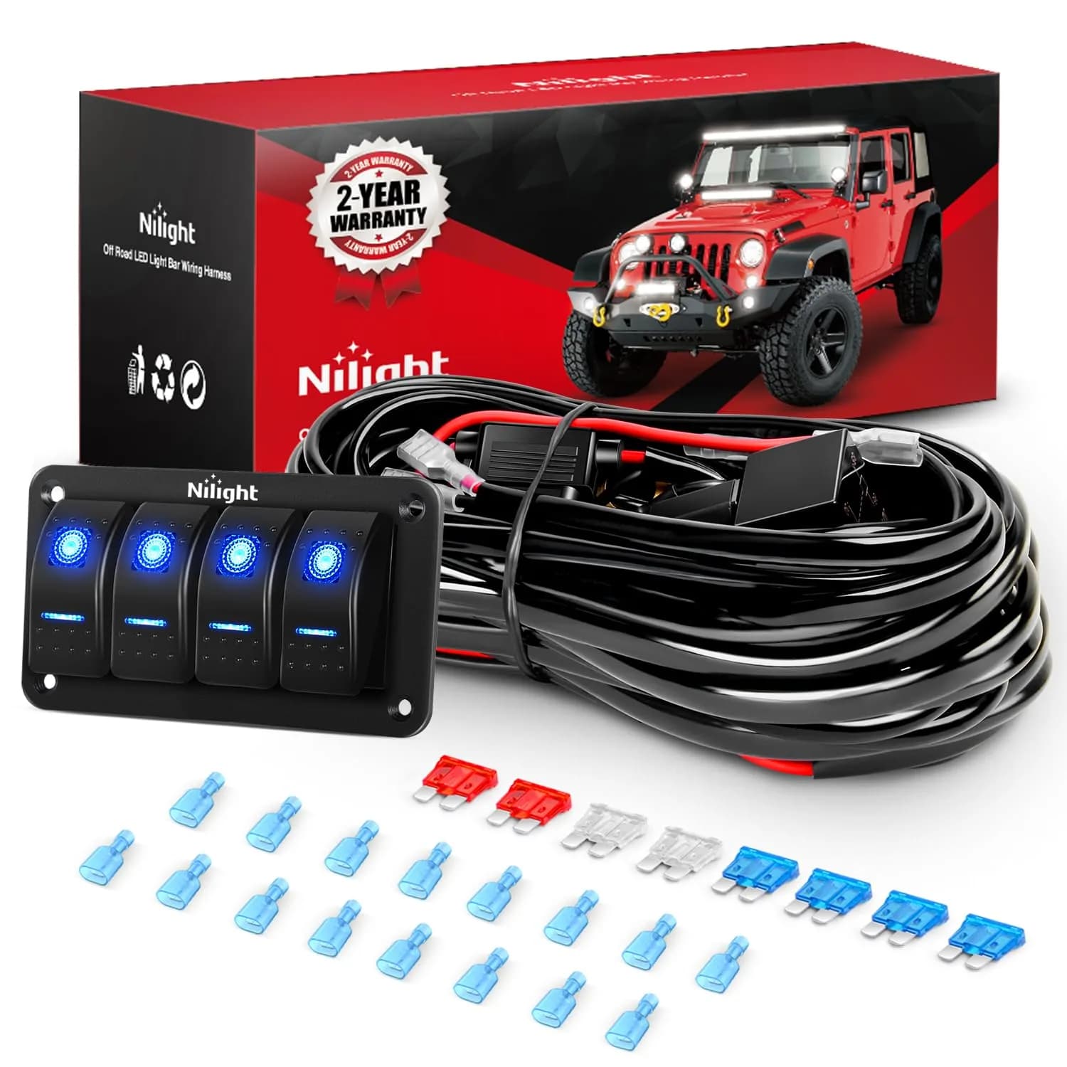Nilight 12V 3-Gang Rocker Switch Panel Wiring Harness Kit 2.98m (9.8ft) | Heavy-Duty 16AWG Wire with Relay & Fuse — 4Gang Rocker Switch 16AWG Wiring Harness