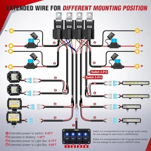 Nilight 4 Gang Rocker Switch Panel Wiring Harness Kit 12V | 16AWG 14AWG 12AWG Power Relay Blade Fuse 5Pin 4 Gang Toggle Switches for Cars Boat ATV Trucks-8 Leads thumbnail 3