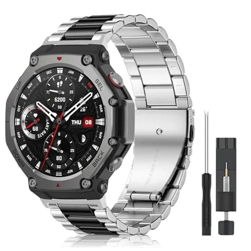 CeiLarv Metal Watch Band for Amazfit T-Rex 3 | Silver Black 2.2cm (0.87in) thumbnail 1