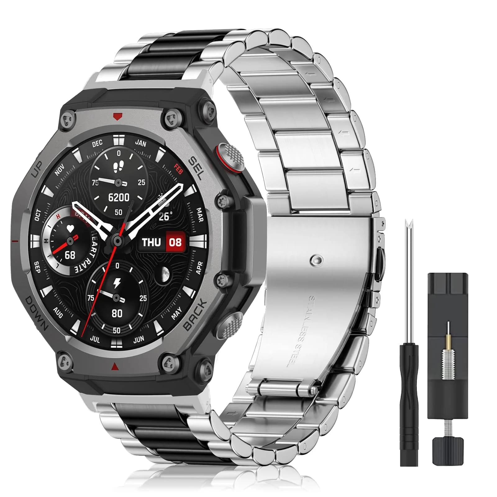 CeiLarv Metal Watch Band for Amazfit T-Rex 3 | Stainless Steel, Adjustable, Silver — Silver Black / Amazfit T-Rex 3
