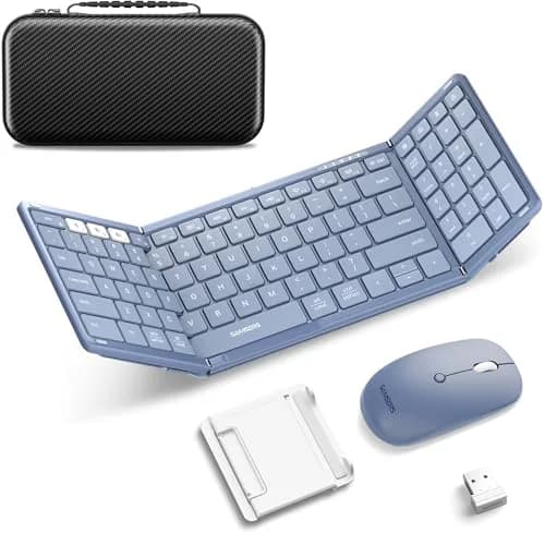 Samsers Foldable Bluetooth Keyboard and Mouse Combo - Full-Size Portable Travel Keyboard & Rechargeable Wireless Mouse for Windows Android iOS Mac OS, Young Blue thumbnail 1