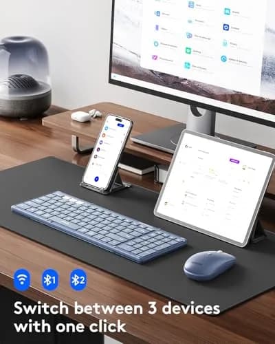 Samsers Foldable Bluetooth Keyboard and Mouse Combo - Full-Size Portable Travel Keyboard & Rechargeable Wireless Mouse for Windows Android iOS Mac OS, Young Blue thumbnail 2
