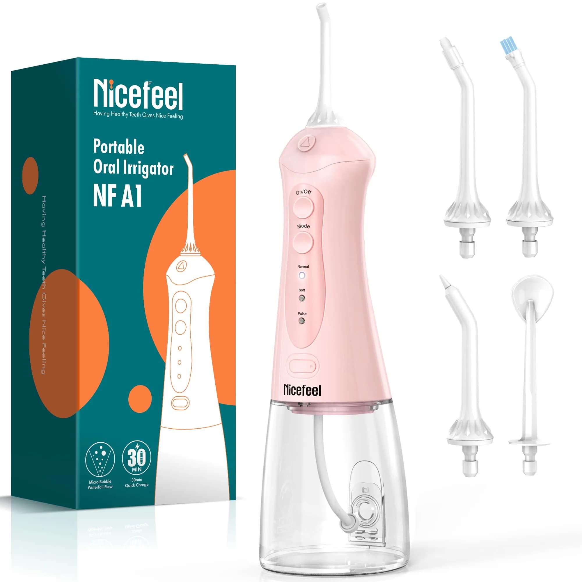 Nicefeel Water Flosser Portable Cordless 300ML | Deep Gum & Braces Care — Pink