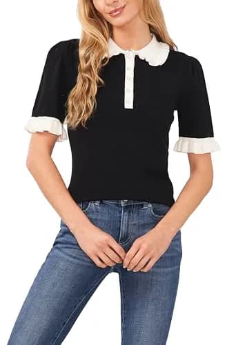 CeCe Short Sleeve Contrast Collar Polo Sweater Rich Black XL | Modern Classic Knit Top thumbnail 1