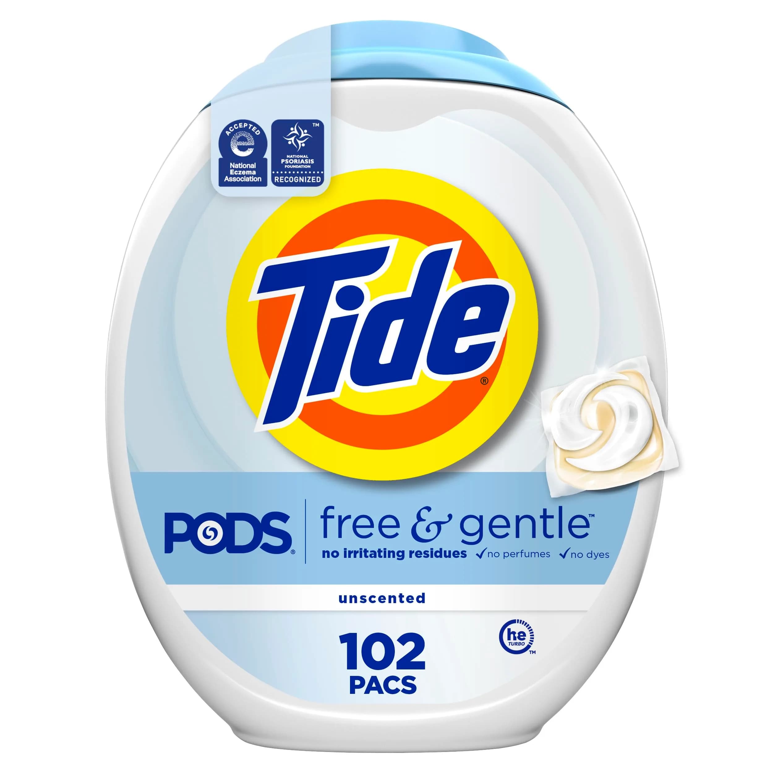 Tide PODS Free & Gentle Laundry Detergent Pacs, 102 Count | Hypoallergenic & Dye-Free Formula - main product image