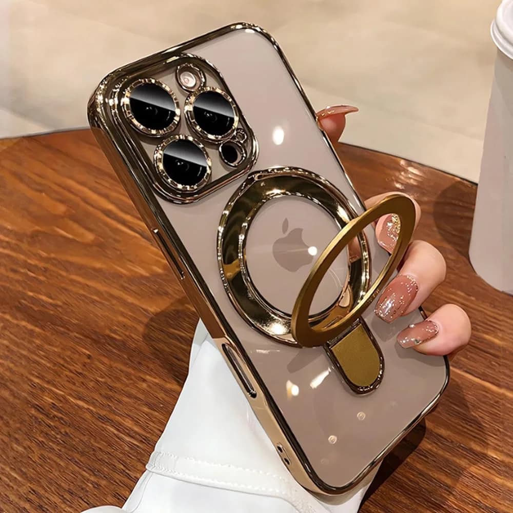 Omio Magnetic Invisible Stand Case for iPhone 16 Pro Max 6.9 inch | Clear Plating with Kickstand & MagSafe Support — Desert Titanium