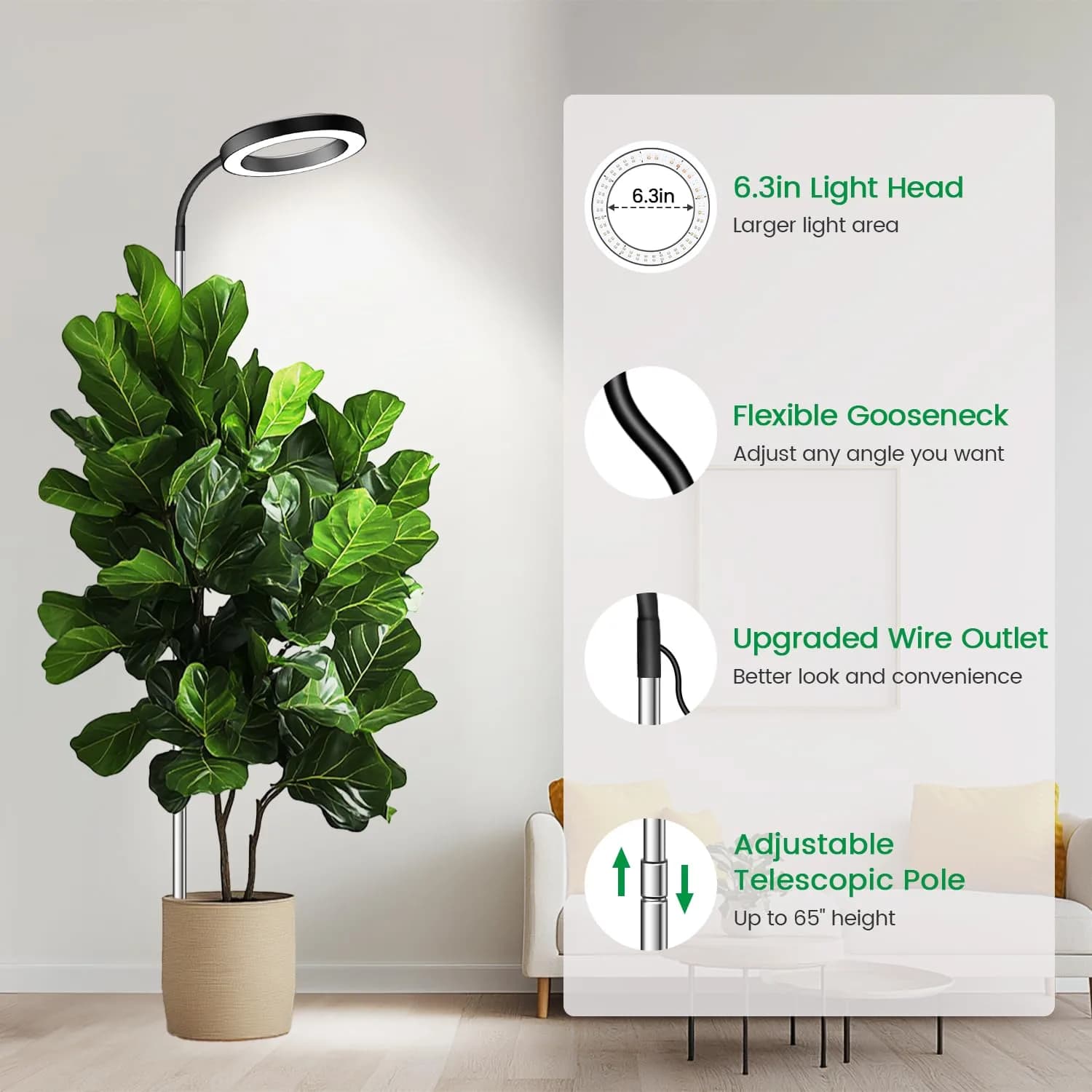 Garpsen Halo Grow Light with Gooseneck, Full Spectrum LED Plant Light 65'' Height Adjustable, 2-Pack - view 6