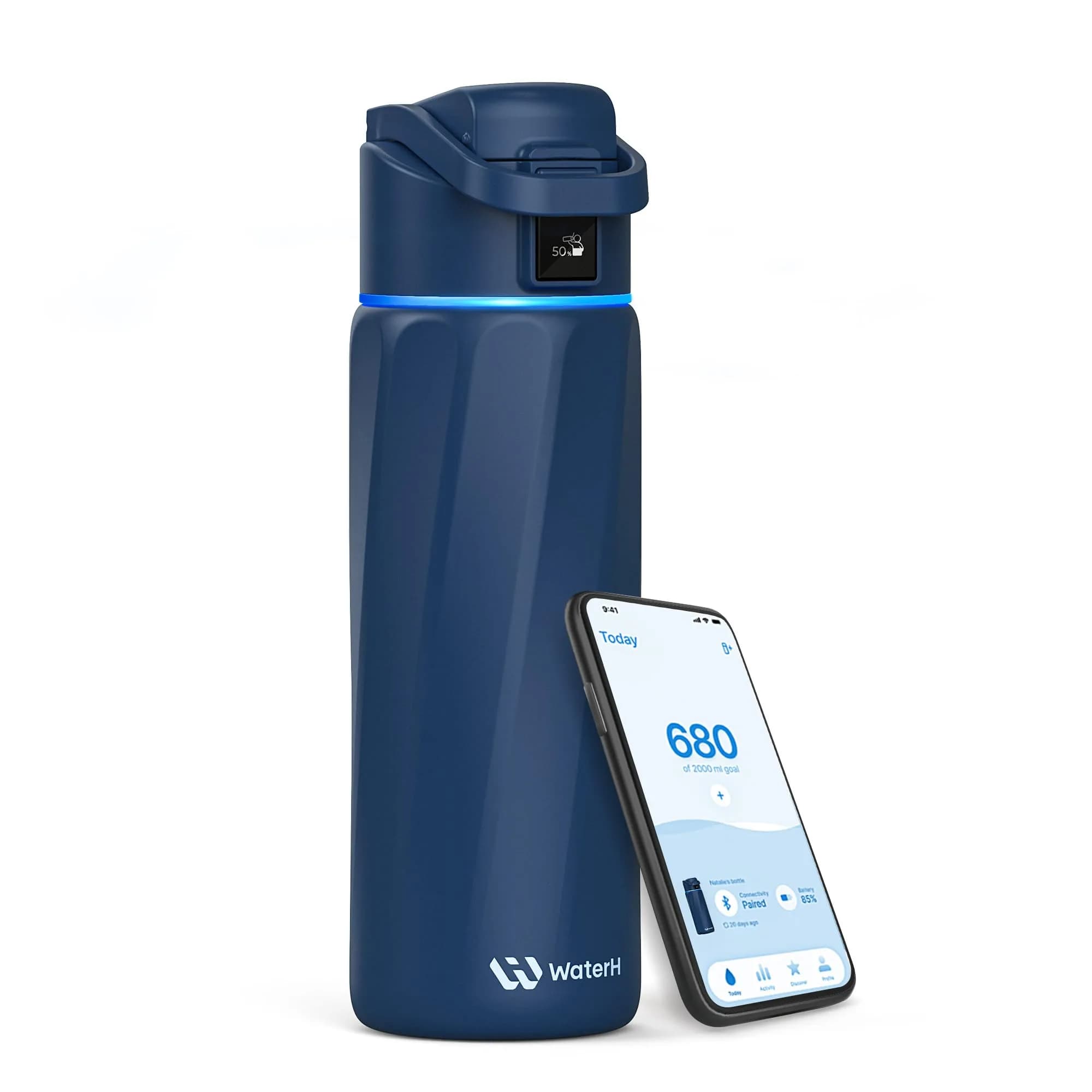 WaterH BOOST Smart Water Bottle Tracker with Reminder, 24oz | Hydration & Wellness Companion — Navy Blue