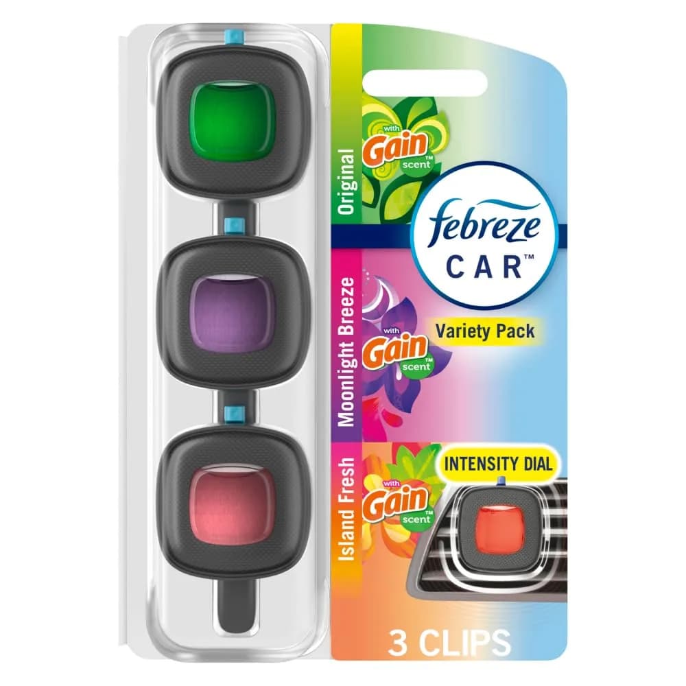 Febreze Car Air Freshener Vent Clips Gain Original Scent 3 Count | Odor-Fighting Automotive Fragrance — Mixed Gain Scent
