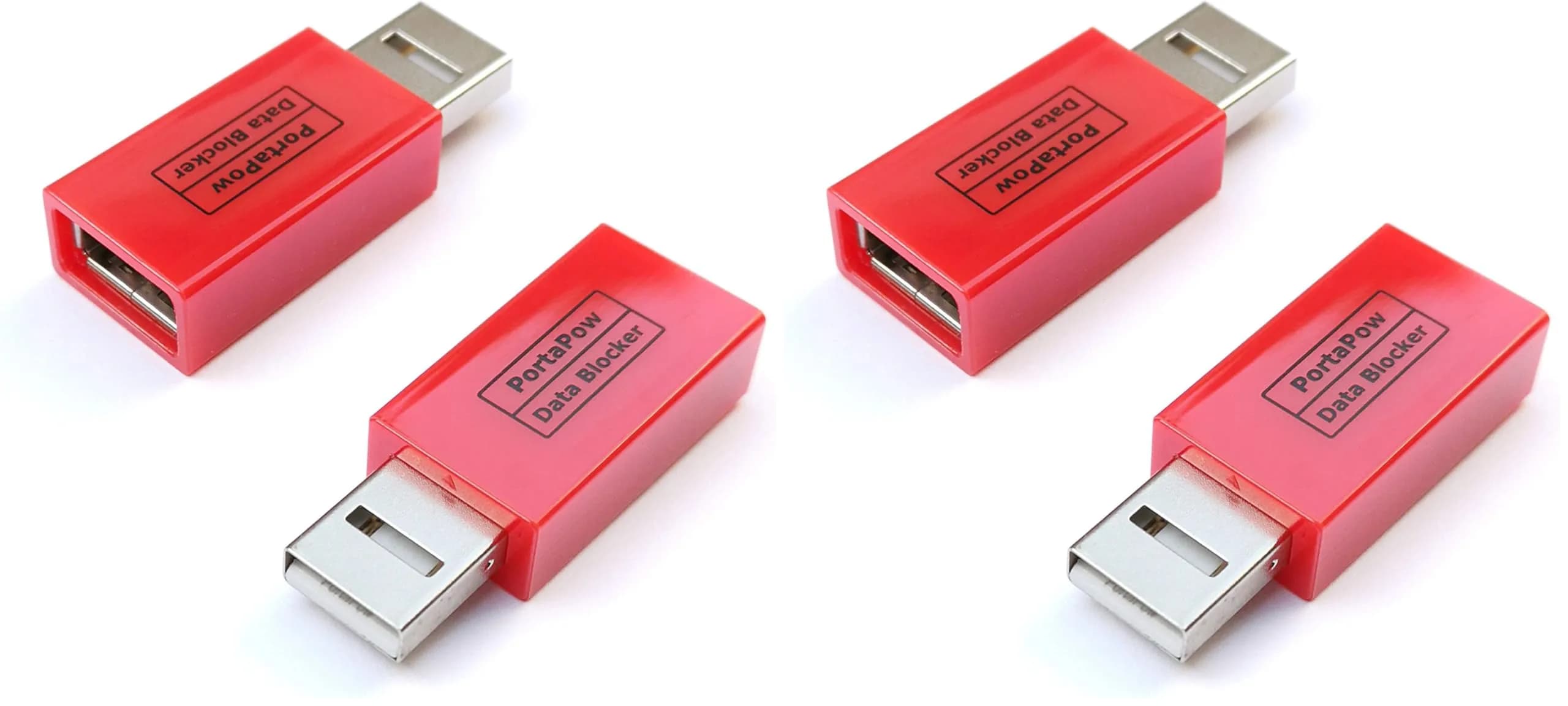 PortaPow USB Data Blocker 4 Pack (Red) - Prevent Juice Jacking with USB-A Male-to-Female Adapters - main product image