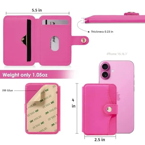 M-Plateau Card Holder for Back of Phone | Slim Leather Wallet with Kickstand (4 cards, Rose Red) thumbnail 6