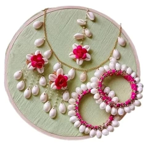 K&K KREATION Pink Floral Jewellery Set Medium | Handcrafted Elegance for Haldi Ceremonies thumbnail 1