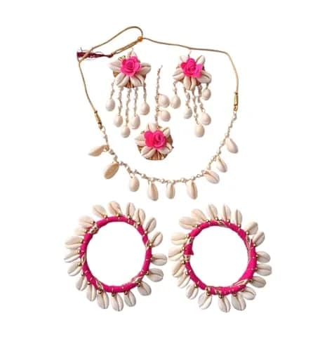 K&K KREATION Pink Floral Jewellery Set Medium | Handcrafted Elegance for Haldi Ceremonies thumbnail 7