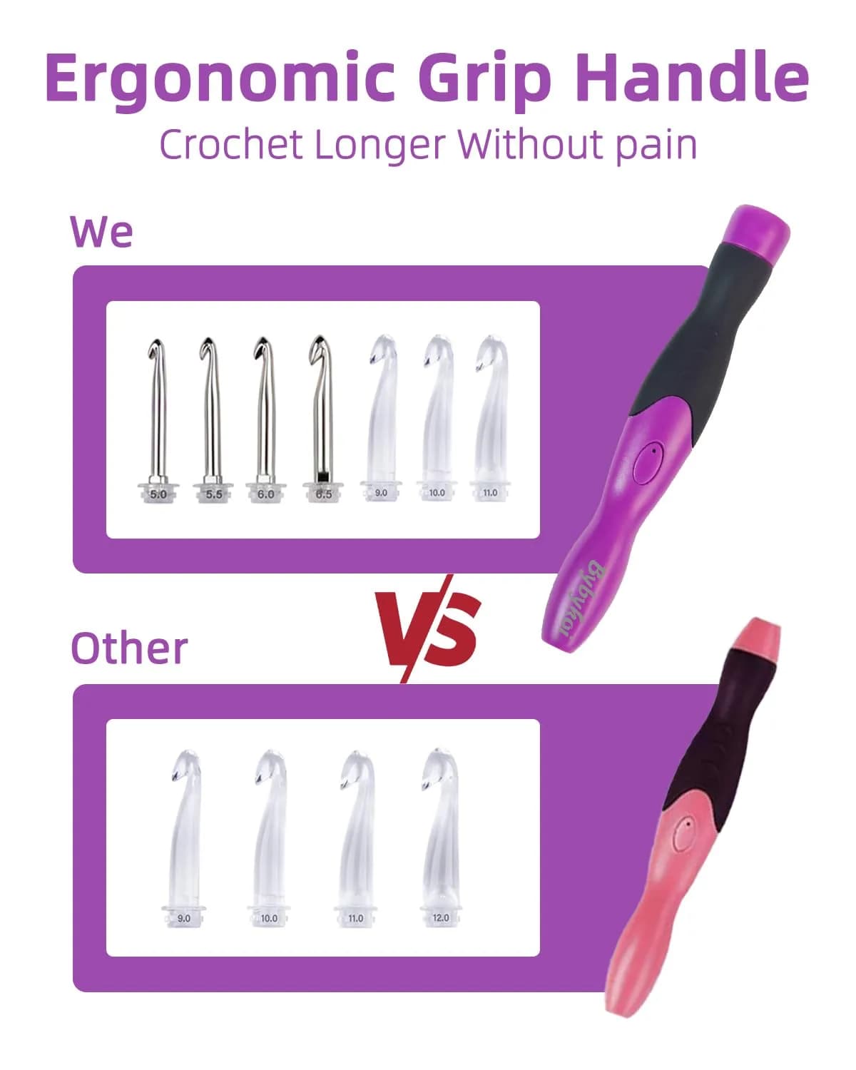 Bybykoi Lighted Crochet Hooks Set 2.0-14.0mm | 18 Sizes, Rechargeable, Ergonomic Handle - view 4