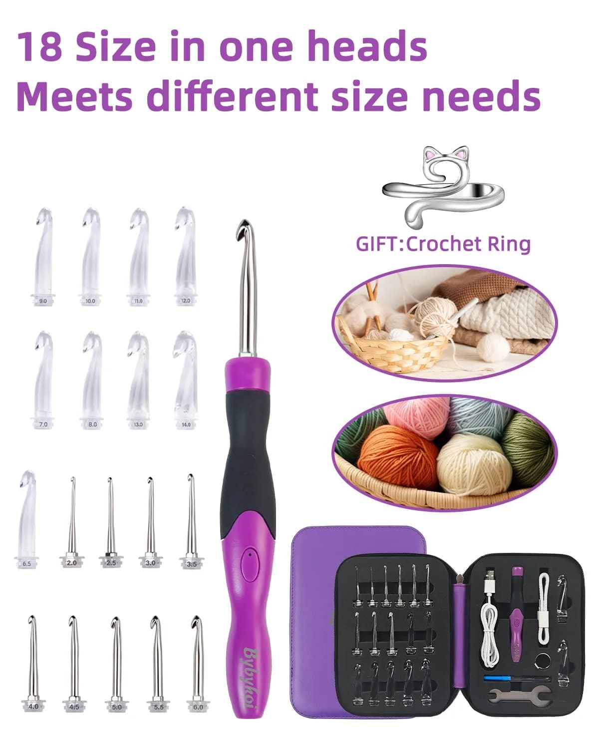 Bybykoi Lighted Crochet Hooks Set 2.0-14.0mm | 18 Sizes, Rechargeable, Ergonomic Handle - view 2