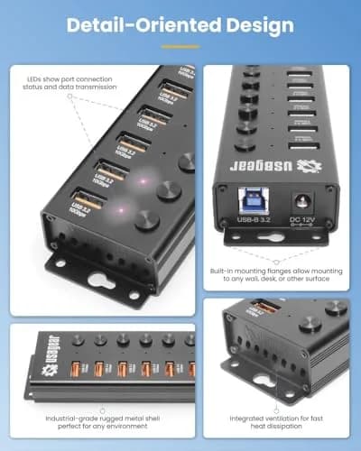 USBGear 7 Port USB 3.2 Hub – 10Gbps 48W Charging Hub with Individual On/Off USB Ports for Laptop, PC, Desktop, 12V/4A Power Adapter (3ft), Computer Accessories thumbnail 4