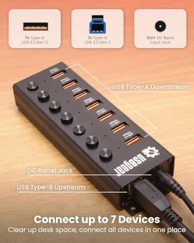USBGear 7 Port USB 3.2 Hub – 10Gbps 48W Charging Hub with Individual On/Off USB Ports for Laptop, PC, Desktop, 12V/4A Power Adapter (3ft), Computer Accessories thumbnail 5