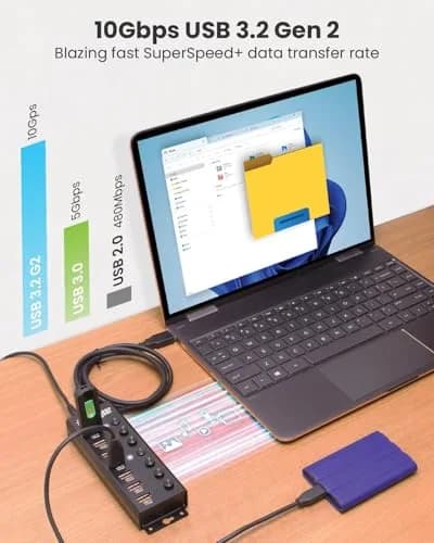 USBGear 7 Port USB 3.2 Hub – 10Gbps 48W Charging Hub with Individual On/Off USB Ports for Laptop, PC, Desktop, 12V/4A Power Adapter (3ft), Computer Accessories thumbnail 2