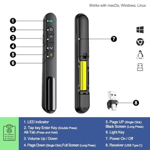 QUI Presentation Clicker with Volume Control, Wireless Presenter Remote | Plug & Play 2.4GHz USB Slide Advancer Compatible with Mac/Windows, Keynote, Google Slides thumbnail 4