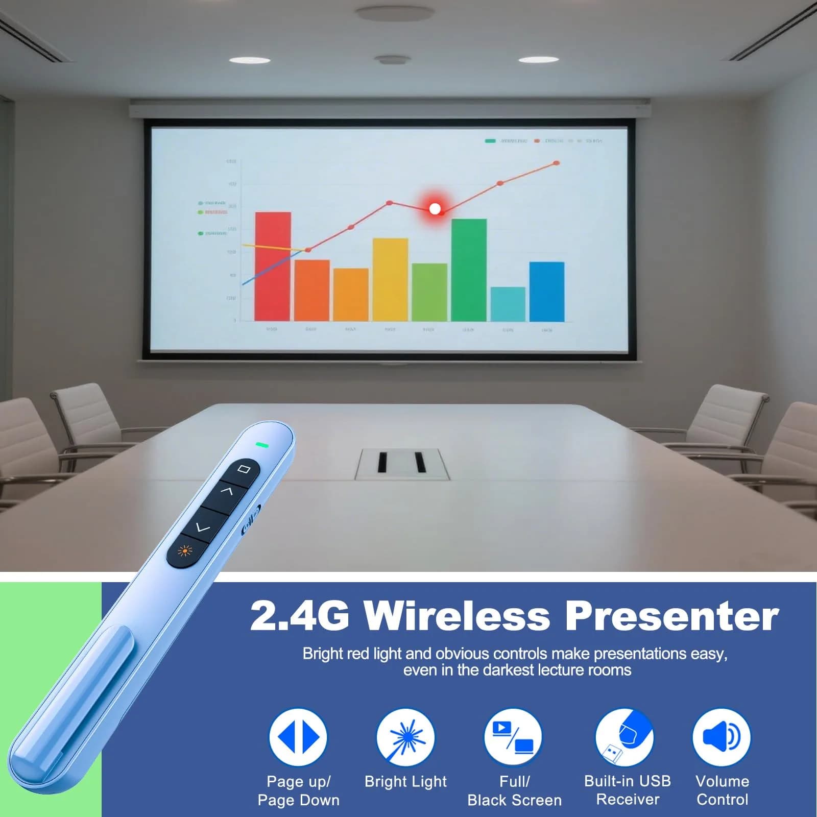 QUI Presentation Clicker for PowerPoint, USB-C Wireless Presenter Remote with Red Laser & Volume Control, 100M Range | Plug & Play Slide Advancer for Mac, Windows - view 2