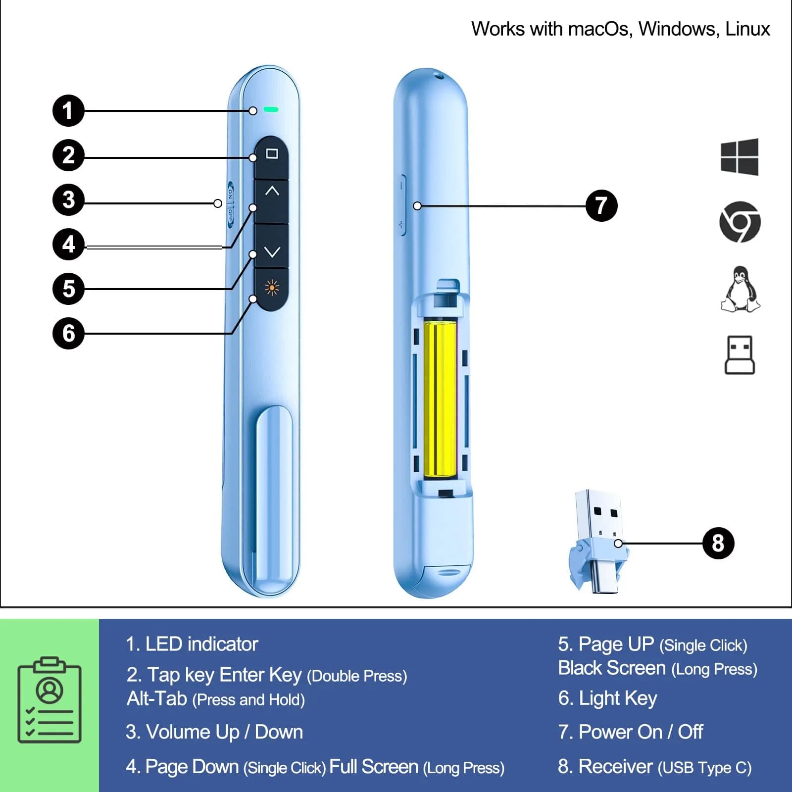 QUI Presentation Clicker for PowerPoint, USB-C Wireless Presenter Remote with Red Laser & Volume Control, 100M Range | Plug & Play Slide Advancer for Mac, Windows - view 4