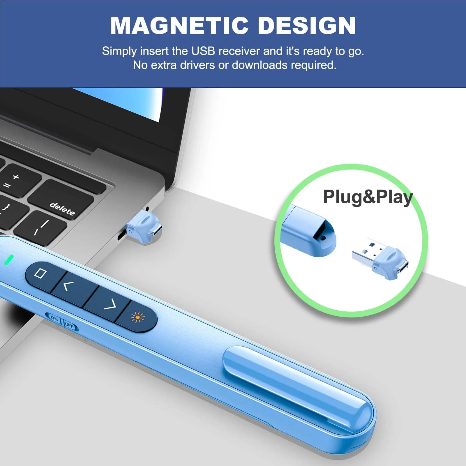 QUI Presentation Clicker for PowerPoint, USB-C Wireless Presenter Remote with Red Laser & Volume Control, 100M Range | Plug & Play Slide Advancer for Mac, Windows - view 5