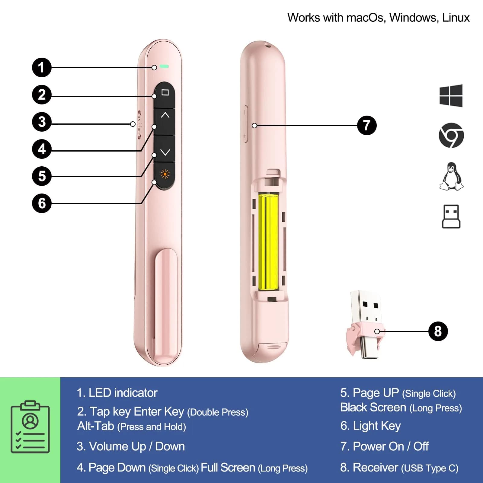 QUI Presentation Clicker with Volume Control, USB Wireless Presenter Remote, PowerPoint Clicker for Mac & Windows, Google Slides, Keynote (Pink) - view 4