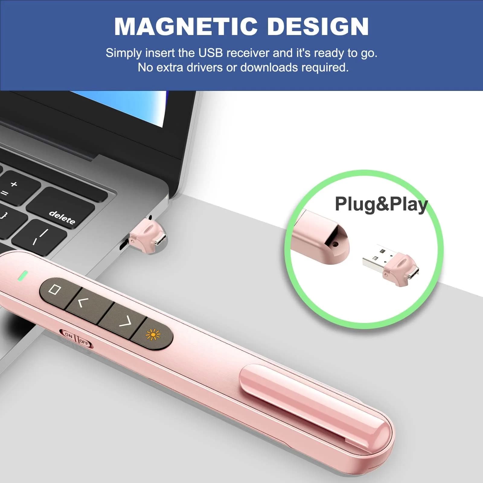 QUI Presentation Clicker with Volume Control, USB Wireless Presenter Remote, PowerPoint Clicker for Mac & Windows, Google Slides, Keynote (Pink) - view 5