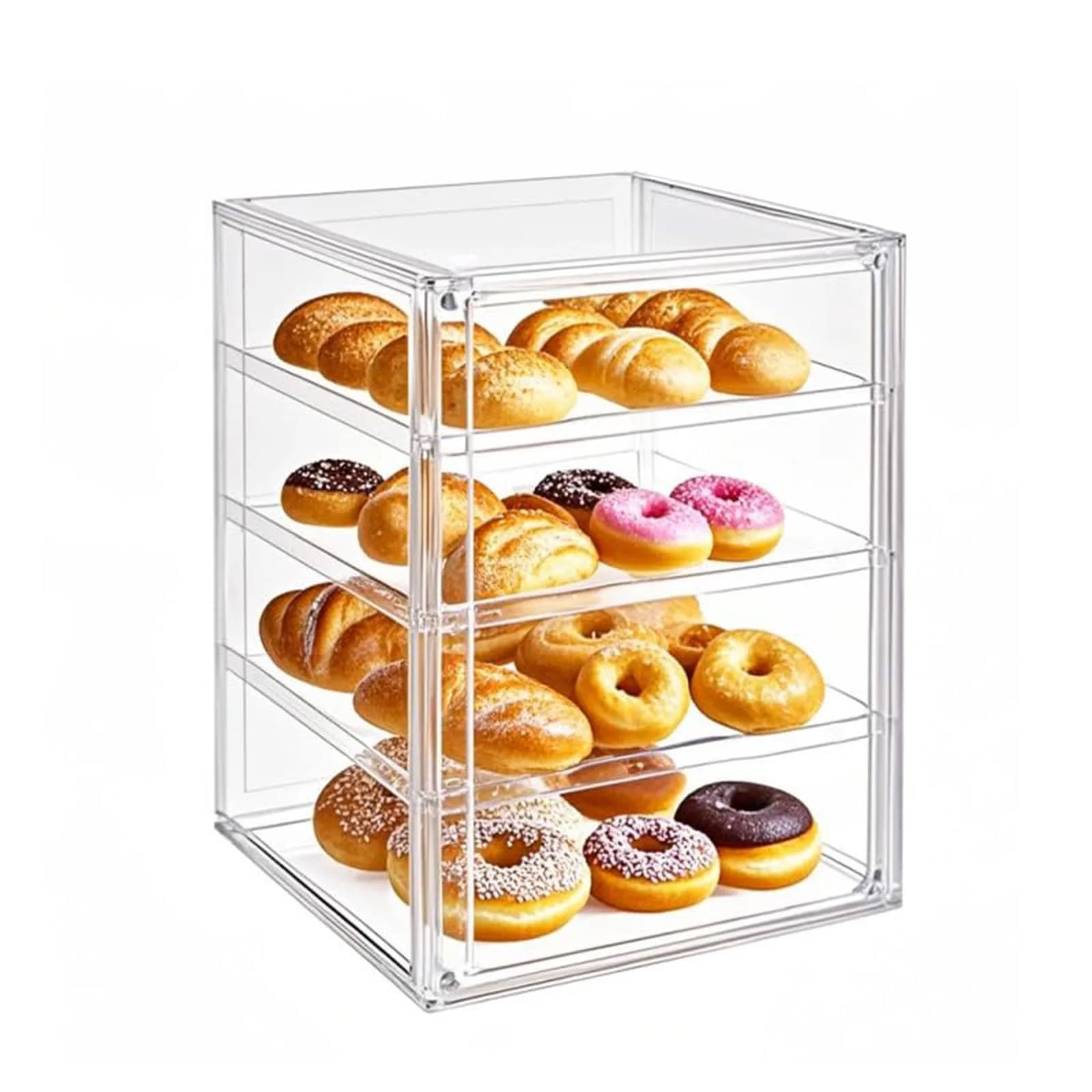 QIYUNI 4-Tier Clear Acrylic Pastry Display Case with Adjustable Shelves & Magnetic Door - main product image