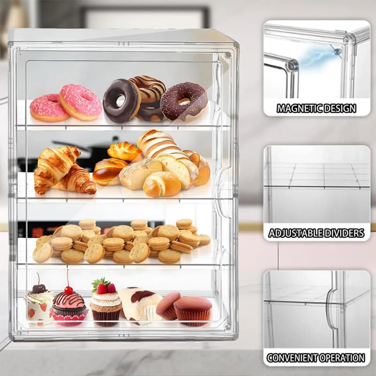QIYUNI 4-Tier Clear Acrylic Pastry Display Case with Adjustable Shelves & Magnetic Door - view 3