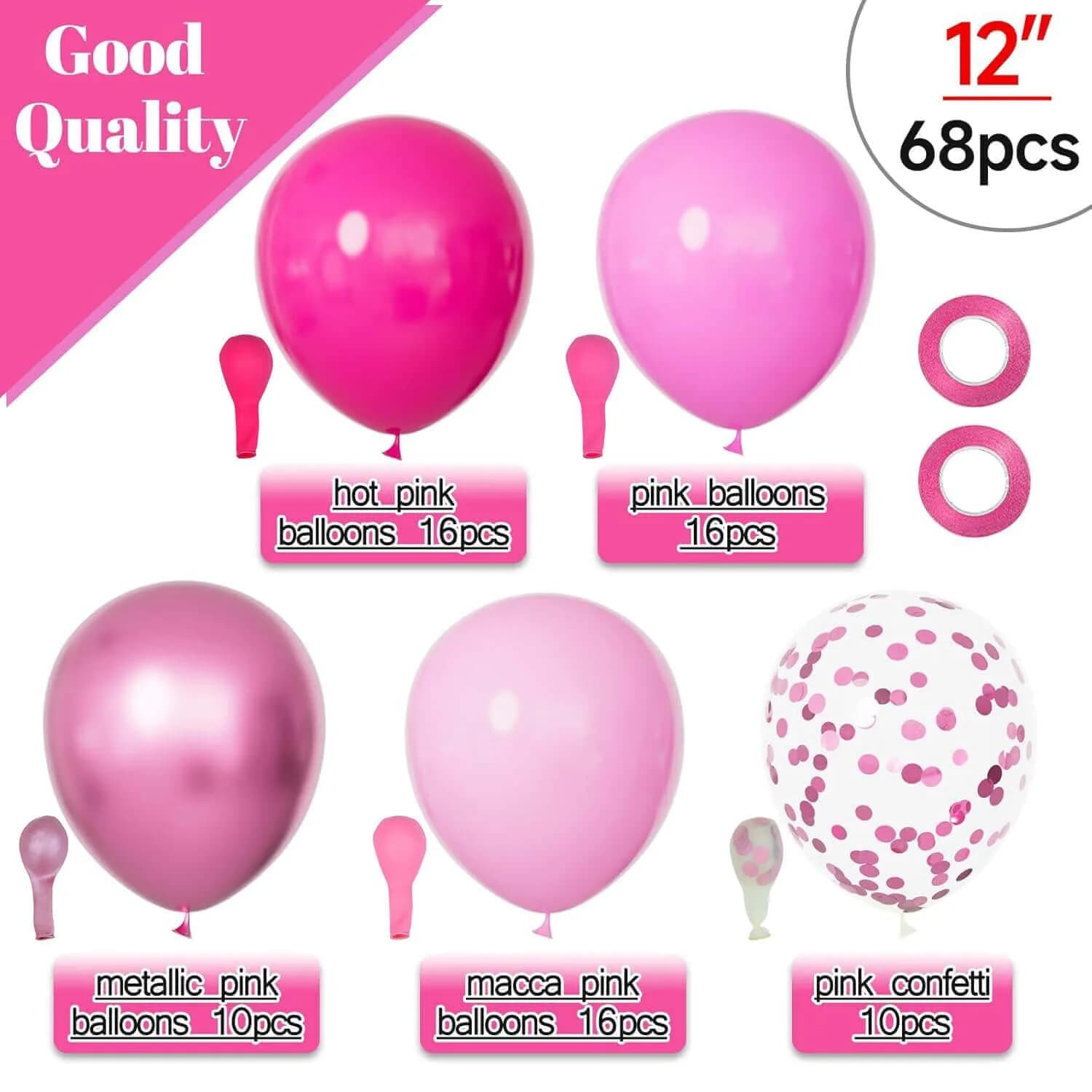 KUULBELA 68Pcs Pink Balloons Kit 12 Inch Metallic Pink Balloon, Baby Pink Party Balloons with Ribbons | Assorted Colors Balloon - view 2
