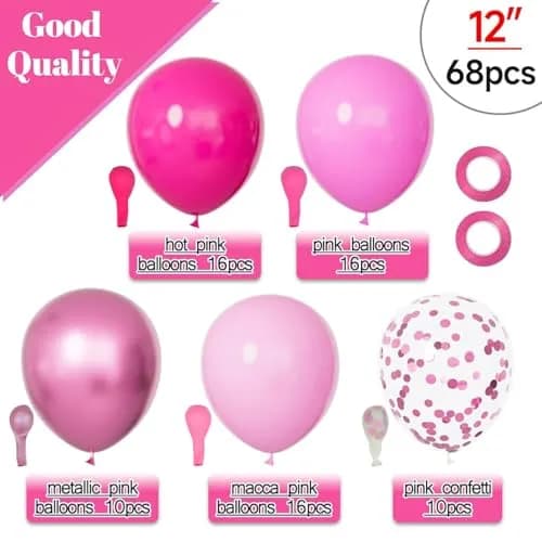 KUULBELA 68Pcs Pink Balloons Kit 12 Inch Metallic Pink Balloon, Baby Pink Party Balloons with Ribbons | Assorted Colors Balloon thumbnail 2
