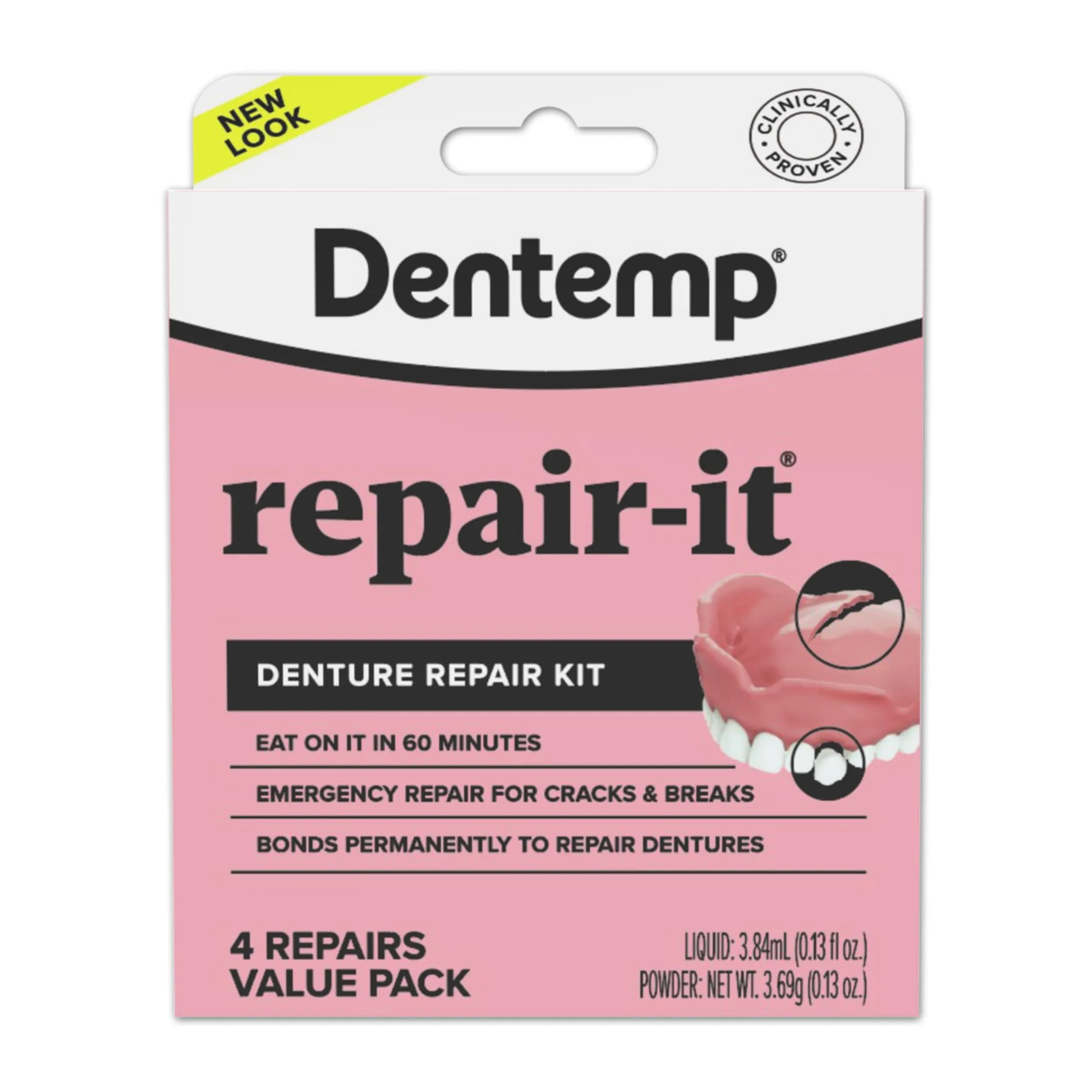 Dentemp Repair-It Advanced Formula Denture Repair Kit 4 Repairs (3.84ml / 0.032kg) | Fixes Cracks, Replaces Loose Teeth