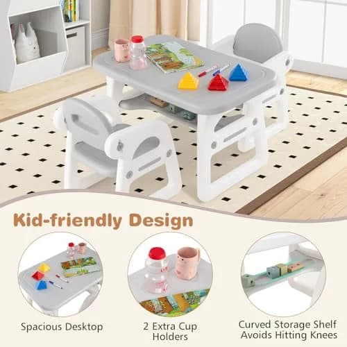 HONEY JOY Kids Table and Chair Set, Plastic Children Activity Table & 2 Chairs, 31x19 inches, for Ages 1-5, Gray | Art & Craft thumbnail 4