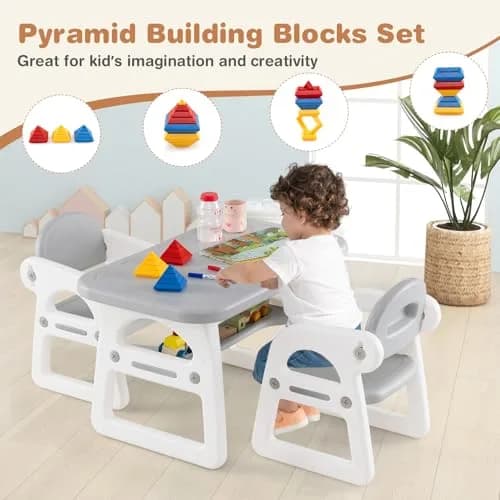 HONEY JOY Kids Table and Chair Set, Plastic Children Activity Table & 2 Chairs, 31x19 inches, for Ages 1-5, Gray | Art & Craft thumbnail 6