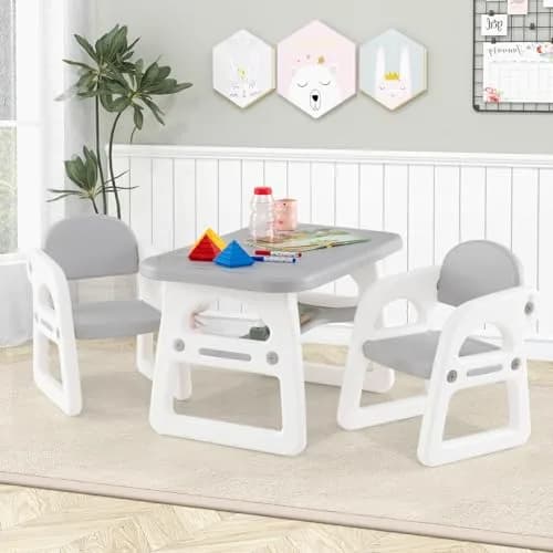 HONEY JOY Kids Table and Chair Set, Plastic Children Activity Table & 2 Chairs, 31x19 inches, for Ages 1-5, Gray | Art & Craft thumbnail 9