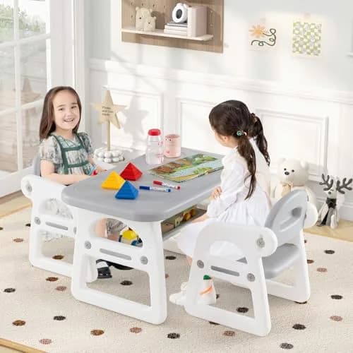 HONEY JOY Kids Table and Chair Set, Plastic Children Activity Table & 2 Chairs, 31x19 inches, for Ages 1-5, Gray | Art & Craft thumbnail 2