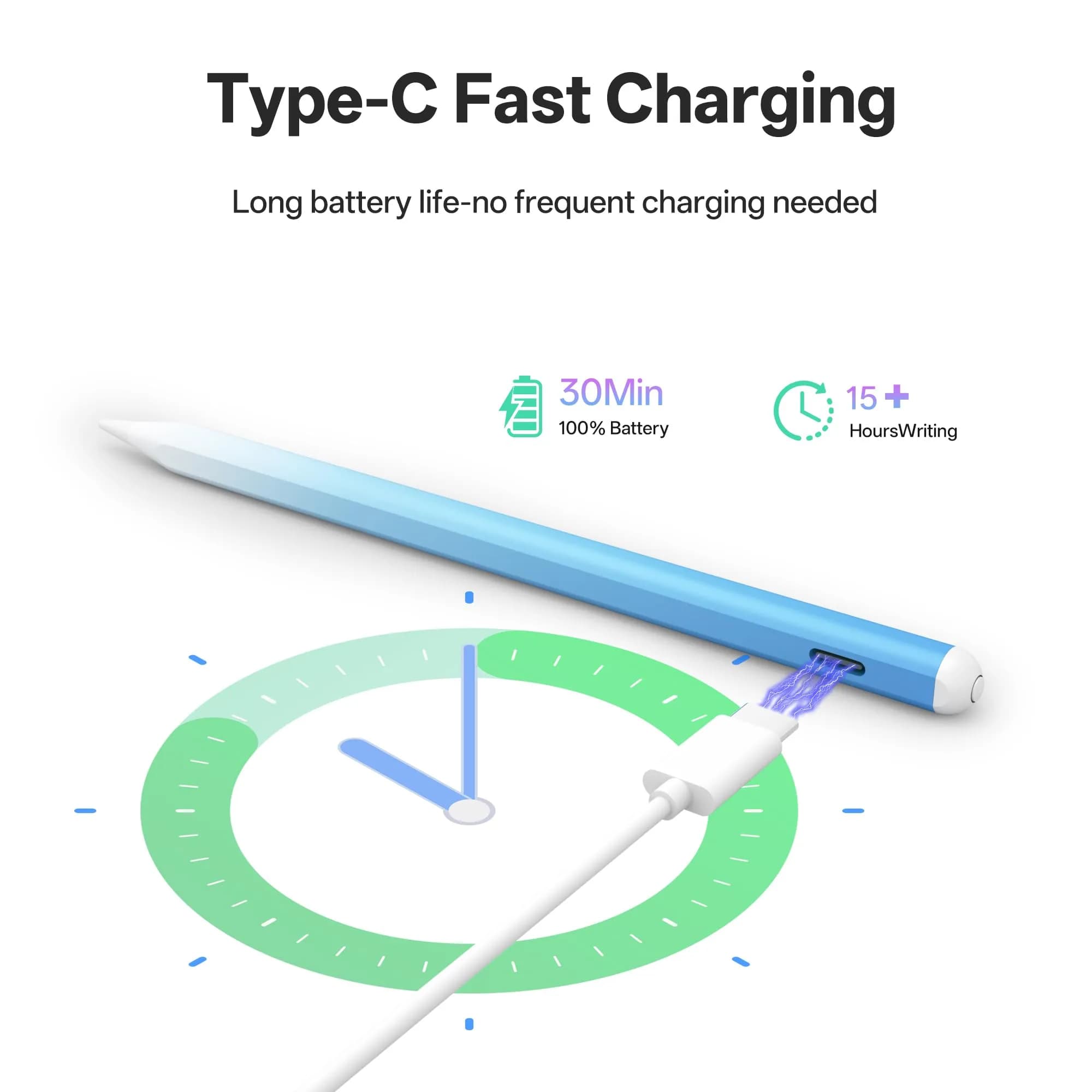 ANYQOO Stylus Pen for iPad 2018-2026, Fast Charge Pencil with Tilt & Palm Rejection, Blue | 16.5 cm (6.5 inches) - view 3