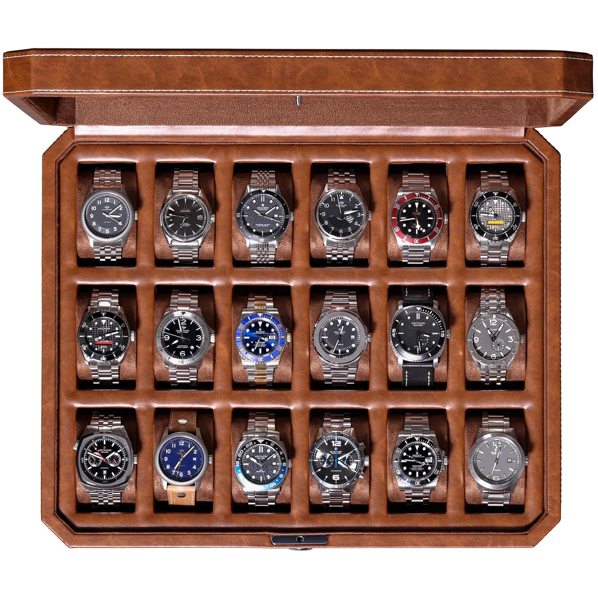 ROTHWELL 18-Slot Watch Box with Real Glass Lid & Lock | 41cm x 33cm x 9cm — 18 Slot -Tan / Brown