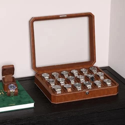 ROTHWELL 18-Slot Watch Case – Luxury Watch Box for Men, Real Glass Top, Lockable, Elegant Display for Collections (Tan/Brown) thumbnail 4