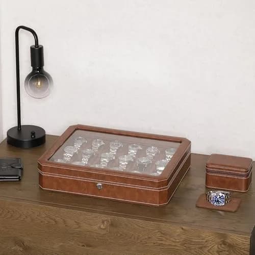 ROTHWELL 18-Slot Watch Case – Luxury Watch Box for Men, Real Glass Top, Lockable, Elegant Display for Collections (Tan/Brown) thumbnail 3