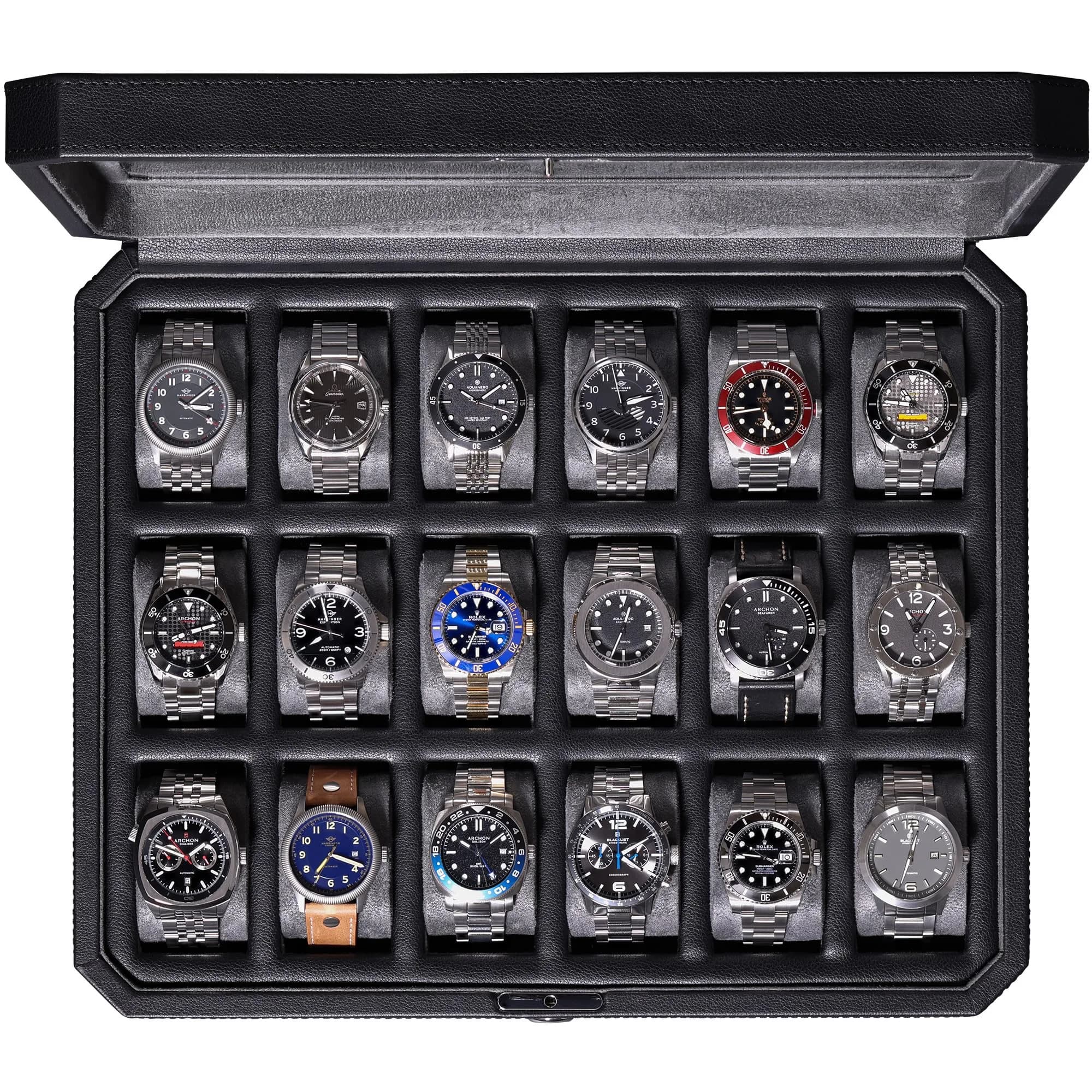 ROTHWELL 18-Slot Watch Box with Real Glass Lid & Lock | 41cm x 33cm x 9cm - main product image